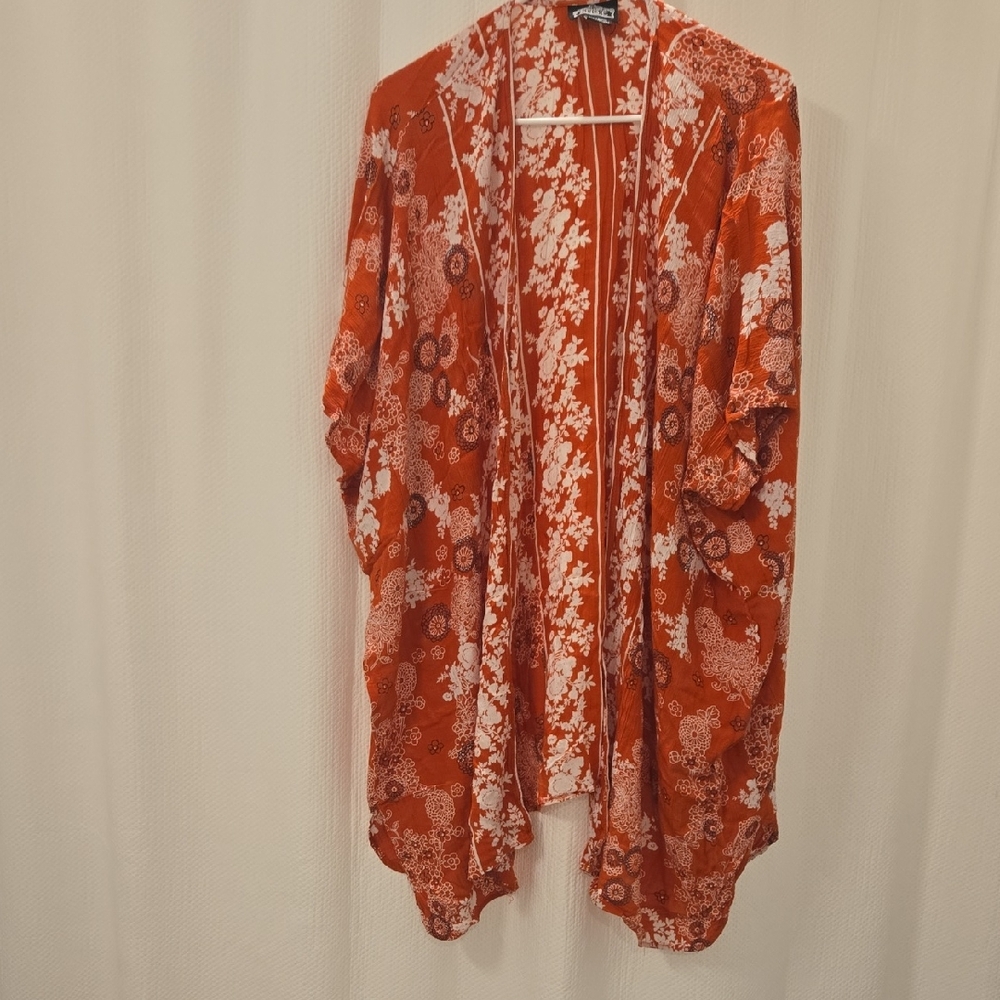 Angie Orange and White Floral Lightweight Open Kimono